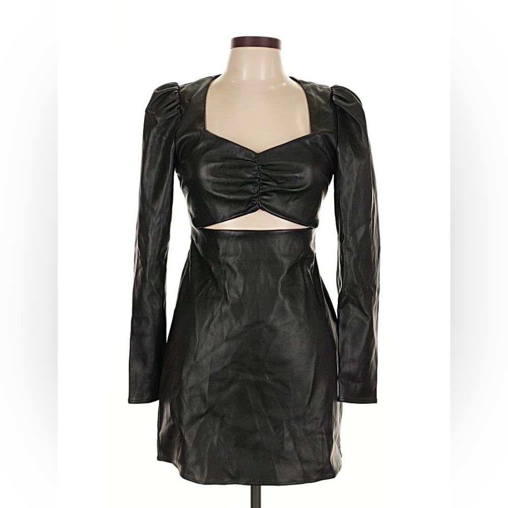 Ronny Kbo Black Faux Leather Long Sleeve Dress Cutout
